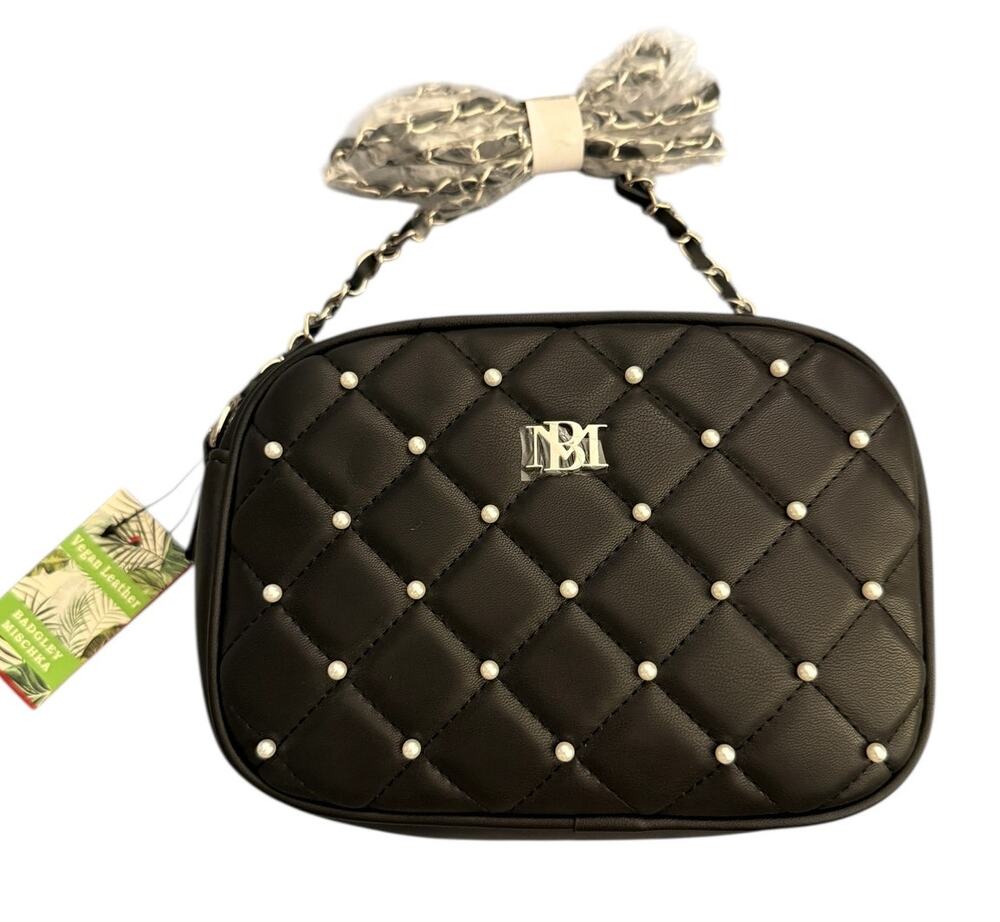 Badgley Michka Black Quilted Vegan Leather Pearl Embellished Chain Crossbody